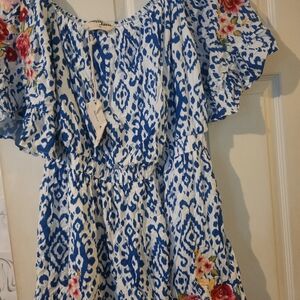 Savanna Jane Blue and White Ikat Midi Dress with Floral Embroidery